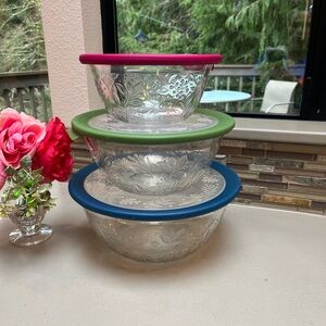 Princess House Glass Mixing Bowl Set with Multicolor Lids